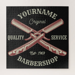 Personalized NAME Barber Straight Razor Barbershop Jigsaw Puzzle