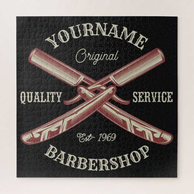 Personalized NAME Barber Straight Razor Barbershop Jigsaw Puzzle (Vertical)