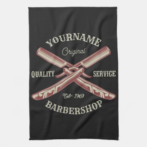 Personalized NAME Barber Straight Razor Barbershop Kitchen Towel