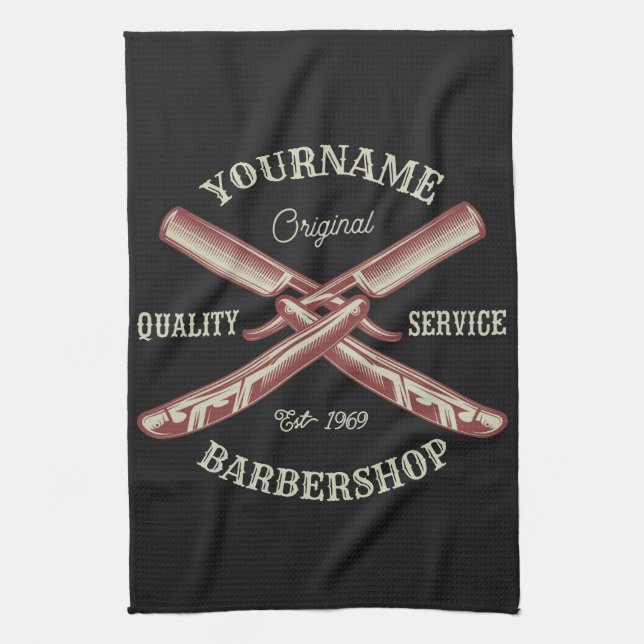Personalized NAME Barber Straight Razor Barbershop Kitchen Towel (Vertical)