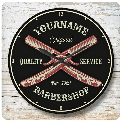 Personalized NAME Barber Straight Razor Barbershop Large Clock