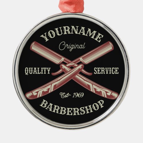 Personalized NAME Barber Straight Razor Barbershop Metal Ornament