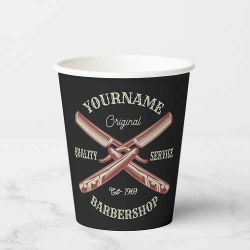 Personalized NAME Barber Straight Razor Barbershop Paper Cups