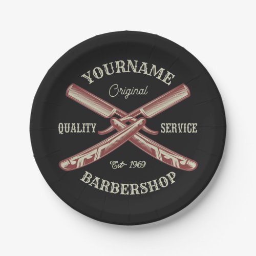 Personalized NAME Barber Straight Razor Barbershop Paper Plates