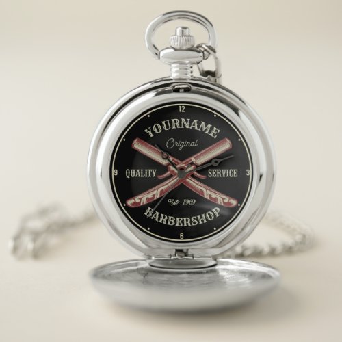 Personalized NAME Barber Straight Razor Barbershop Pocket Watch