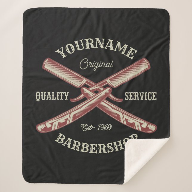 Personalized NAME Barber Straight Razor Barbershop Sherpa Blanket (Front)