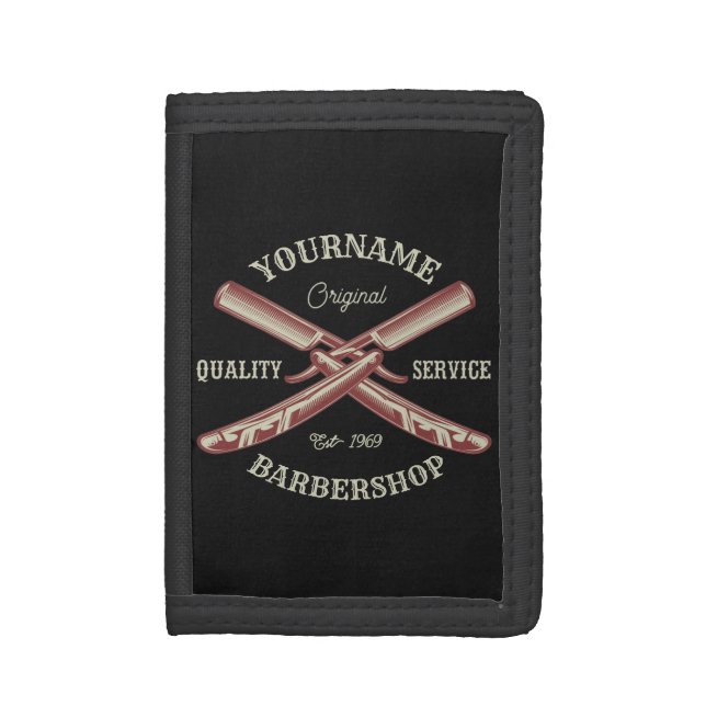 Personalized NAME Barber Straight Razor Barbershop Trifold Wallet (Front Vertical)