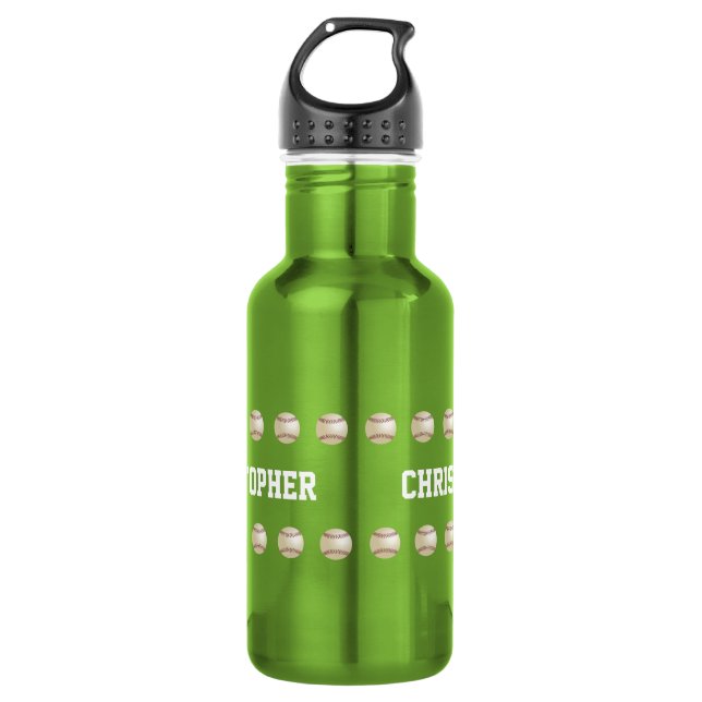 Personalized Name, Baseball, Apple Green Stainless Steel Water Bottle (Front)