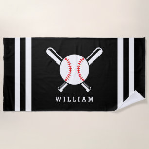 Personalized Name Baseball Black Stripes Beach Towel