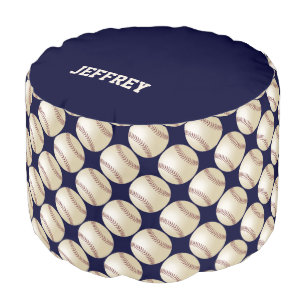 Personalized Name Baseball Blue Round Pouf