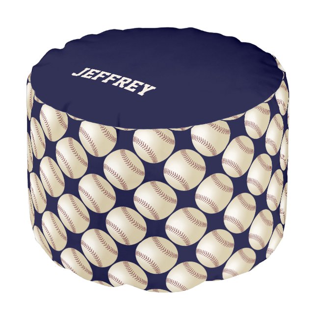 Personalized Name Baseball Blue Round Pouf (Angled Front)