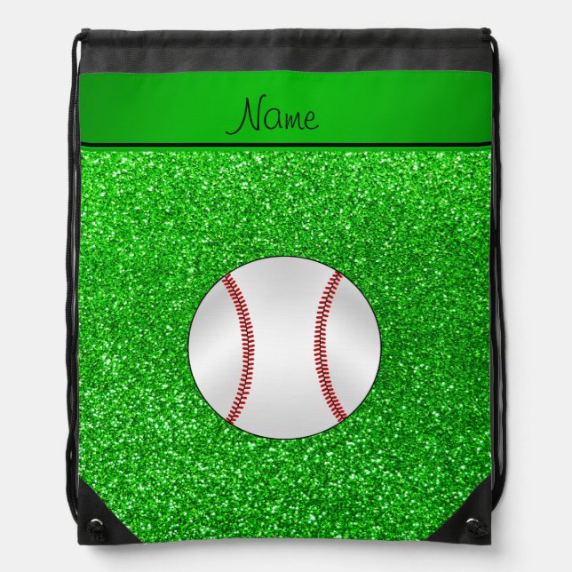 Personalized name baseball lime green glitter drawstring bag (Front)