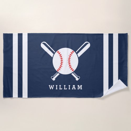 Personalized Name Baseball Navy Blue Stripes Beach Towel