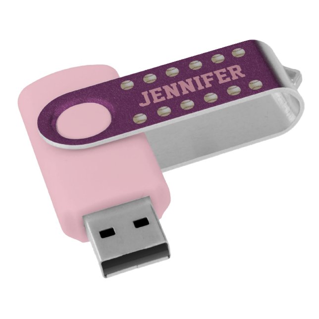 Personalized Name, Baseball, Purple USB Flash Drive (Angled)