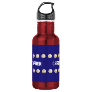 Personalized Name, Baseball, Red and Blue Stainless Steel Water Bottle