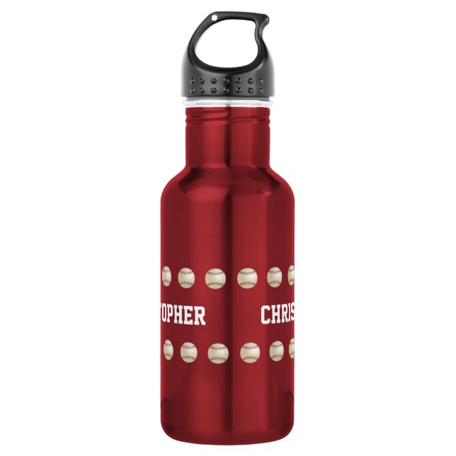 Personalized Name, Baseball, Red Stainless Steel Water Bottle (Front)