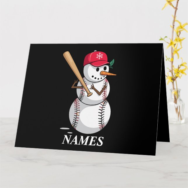 Personalized Name Baseball Snowman Balls Snow Xmas Card (Yellow Flower)