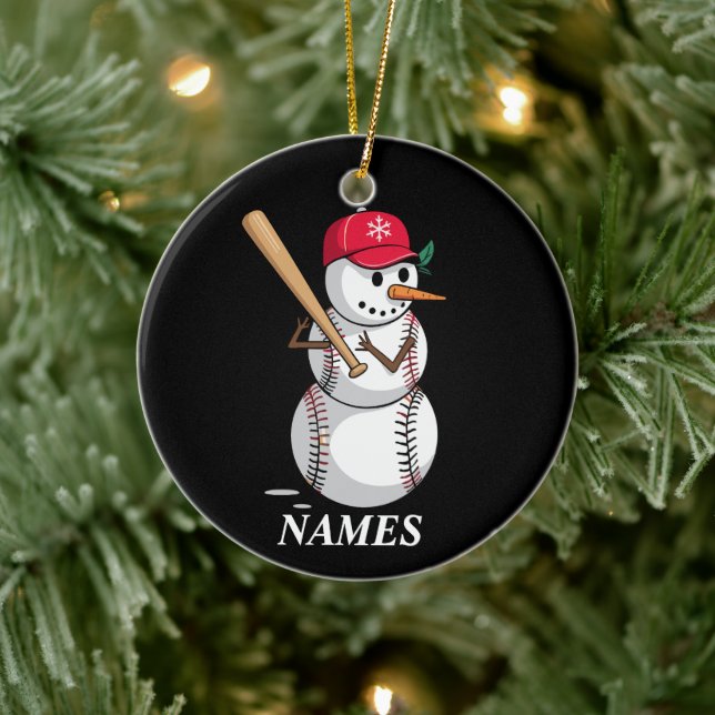 Personalized Name Baseball Snowman Balls Snow Xmas Ceramic Ornament (Tree)