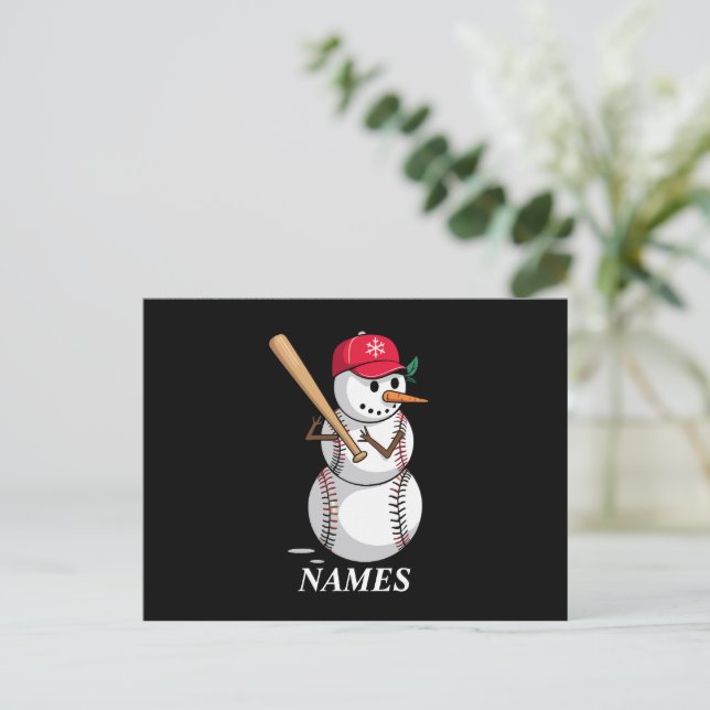 Personalized Name Baseball Snowman Balls Snow Xmas Holiday Postcard (Standing Front)