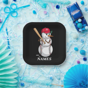 Personalized Name Baseball Snowman Balls Snow Xmas Paper Plates