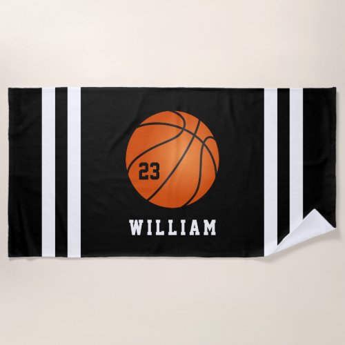 Personalized Name Basketball Black Stripes Beach Towel
