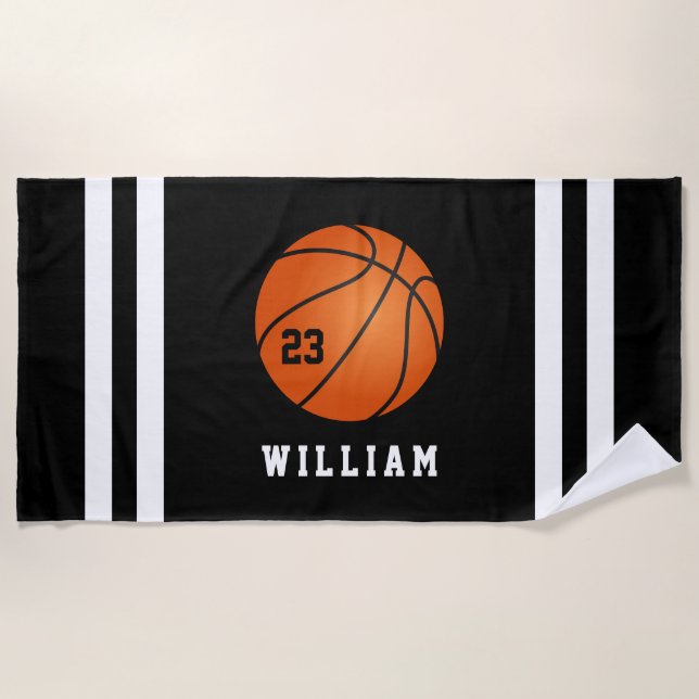 Personalized Name Basketball Black Stripes Beach Towel (Front)