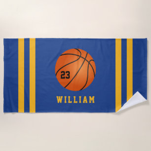 Personalized Name Basketball Blue Yellow Stripes Beach Towel