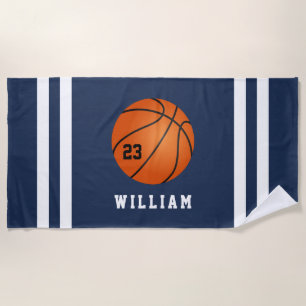 Personalized Name Basketball Navy Blue Stripes Beach Towel