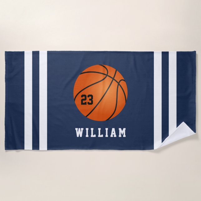 Personalized Name Basketball Navy Blue Stripes Beach Towel (Front)