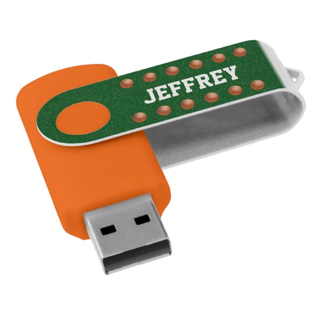 Personalized Name Basketball Orange Green USB Flash Drive (Angled)