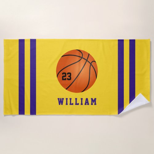 Personalized Name Basketball Yellow Purple Stripes Beach Towel