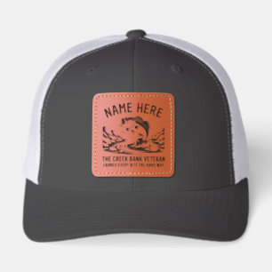 Personalized Name Bass Creek Bank Veteran Fishing Leather Patch Hat