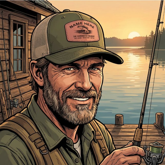 Personalized Name Bass Fishing Cold Water Ice Leather Patch Hat (PERSONALIZED NAME LEATHER FISHING HAT)