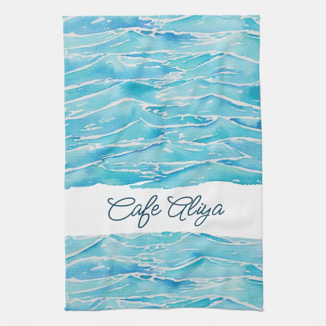 Personalized Name Beach Waves Watercolor Novelty Kitchen Towel (Vertical)