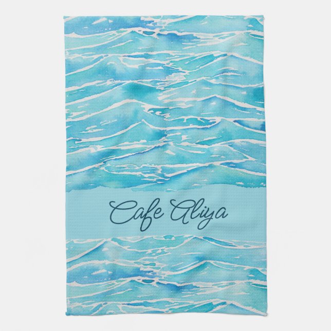 Personalized Name Beach Waves Watercolor Novelty Kitchen Towel (Vertical)
