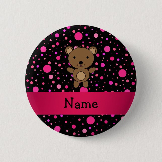 Personalized name bear black pink polka dots pinback button (Front)