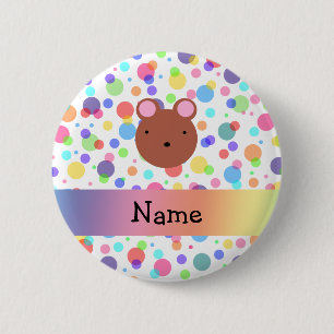 Personalized name bear face rainbow polka dots pinback button