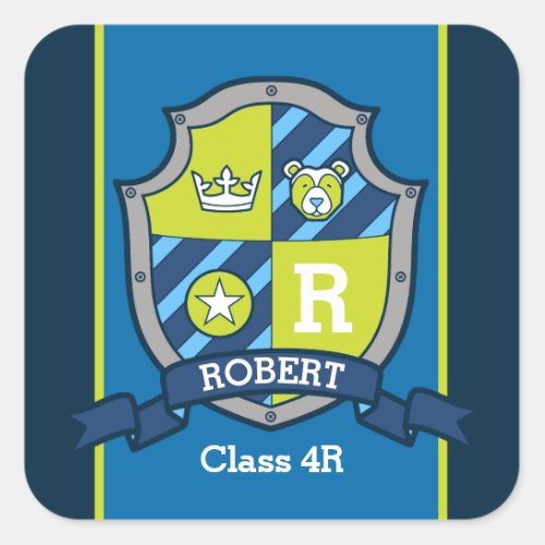 Personalized name bear knights shield school square sticker