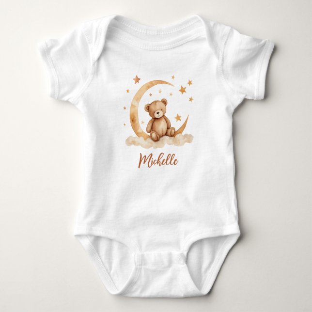 Personalized Name Bear Moon & Stars   Baby Bodysuit (Front)