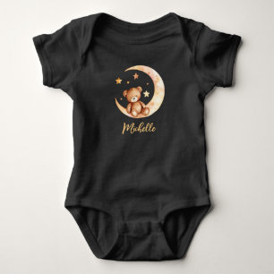 Personalized Name Bear Moon & Stars Black Baby Bodysuit