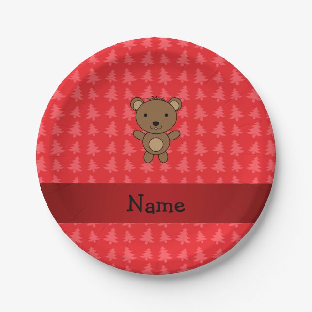 Personalized name bear red christmas trees paper plates (Front)