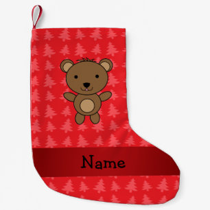 Personalized name bear red christmas trees small christmas stocking