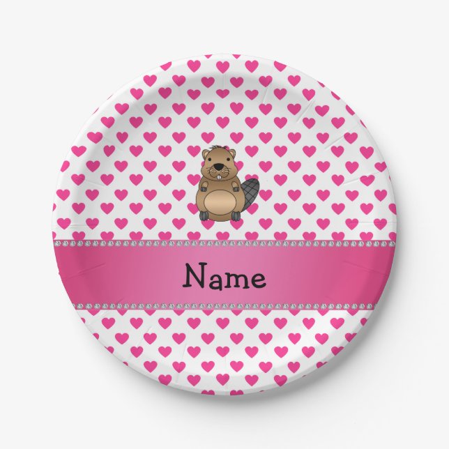 Personalized name beaver pink hearts polka dots paper plates (Front)