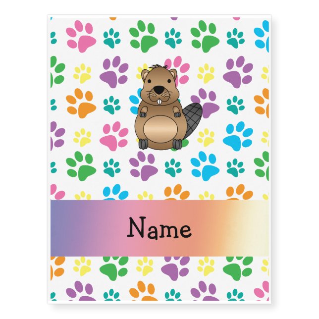 Personalized name beaver rainbow paws temporary tattoos (Front)