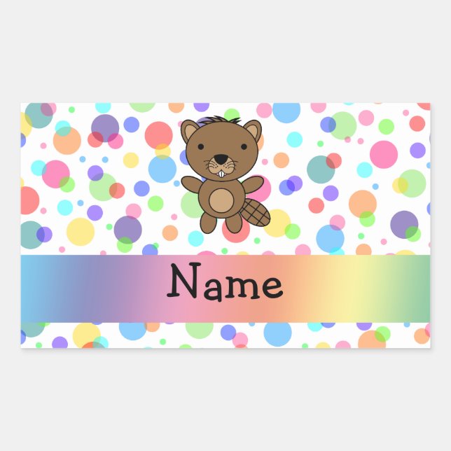 Personalized name beaver rainbow polka dots rectangular sticker (Front)