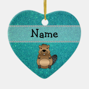 Personalized name beaver turquoise glitter ceramic ornament