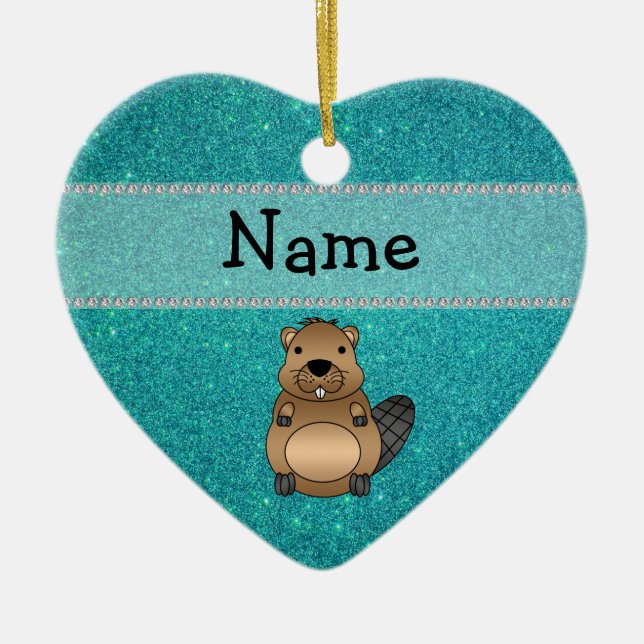 Personalized name beaver turquoise glitter ceramic ornament (Front)