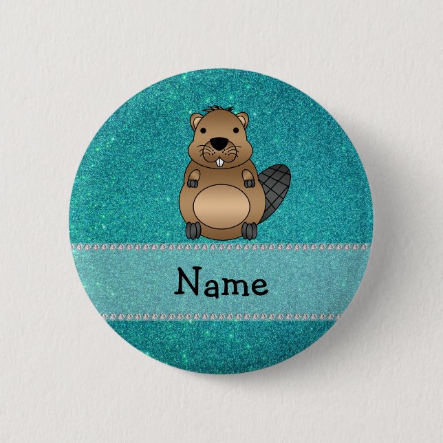 Personalized name beaver turquoise glitter pinback button (Front)