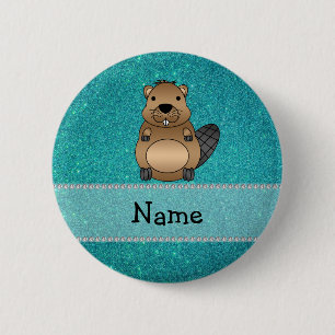 Personalized name beaver turquoise glitter pinback button