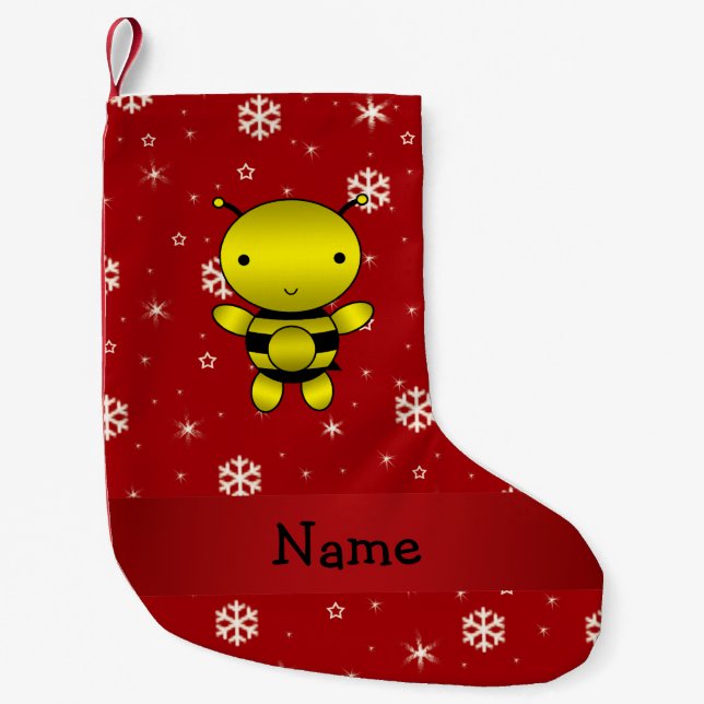 Personalized name bee red snowflakes small christmas stocking (Front)